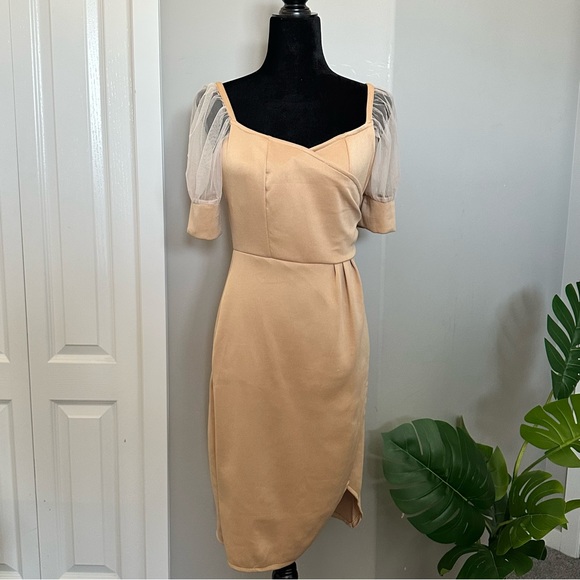 Nude Mesh Puff Sleeve Dress - Picture 1 of 4